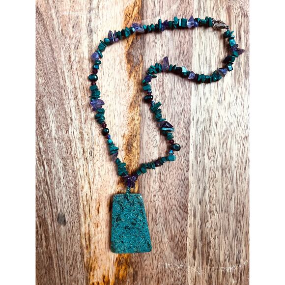 Tibetan Spiderweb Turquoise Pendant Necklace Malachite Amethyst 19” Boho Gift - Picture 1 of 7